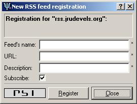 окно регистрации RSS в Psi
